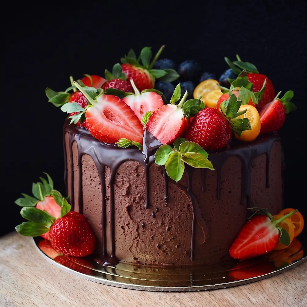 Elegant chocolate cake decorated with fresh strawberries, berries and chocolate drip
